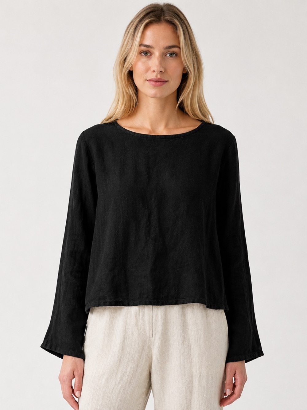 Bryn Walker Black 100% Linen Long Sleeve Lagenlook Top Size M Made in USA